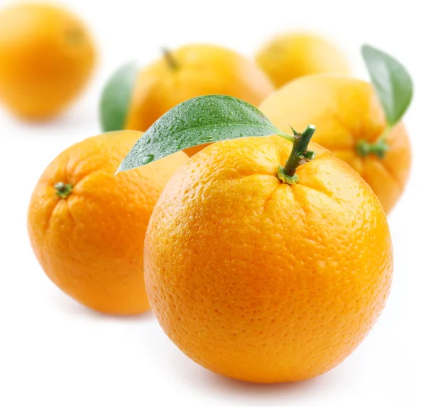 Ripe oranges with leaves on white background — Stock Photo, Image