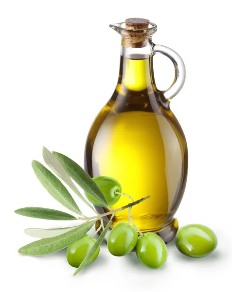 Zweig mit Oliven und einer Flasche Olivenöl. — Stockfoto