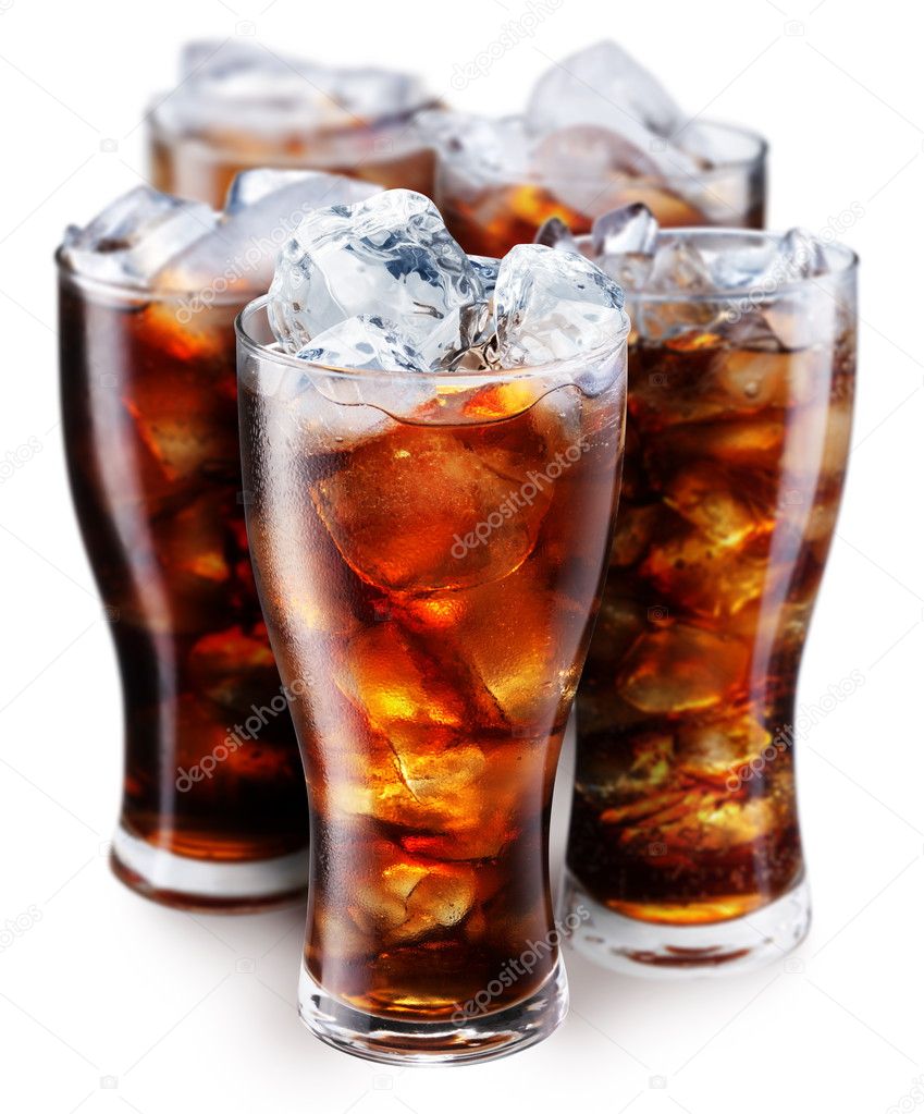 Glasses with cola and ice cubes