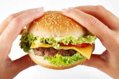 Hands hold a cheeseburger on a white background clipart