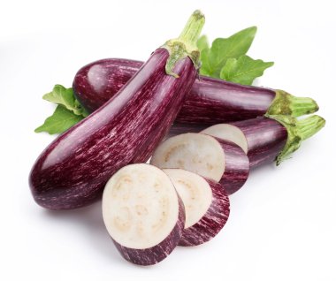 Purple eggplants with leaves on white background clipart