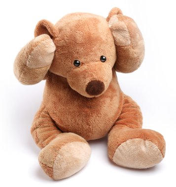 Teddy bear in a worry. Isolated over white. clipart