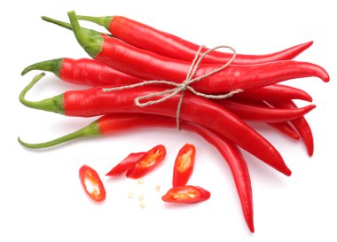 Pods spicy red chilli peppers on white background