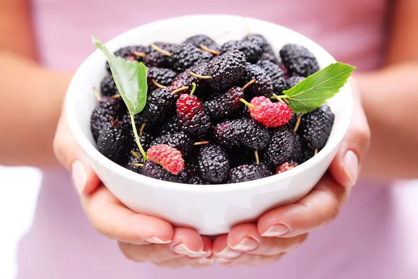 Crockery with mulberries in woman hands. — Stock Photo, Image