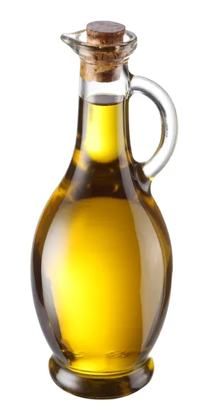 Rama con aceitunas y una botella de aceite de oliva aislada en blanco — Foto de Stock