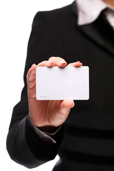 Cartão de crédito na mão da mulher — Fotografia de Stock
