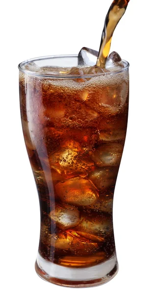 Pouring of cola in the glass with ice — Stock Photo, Image