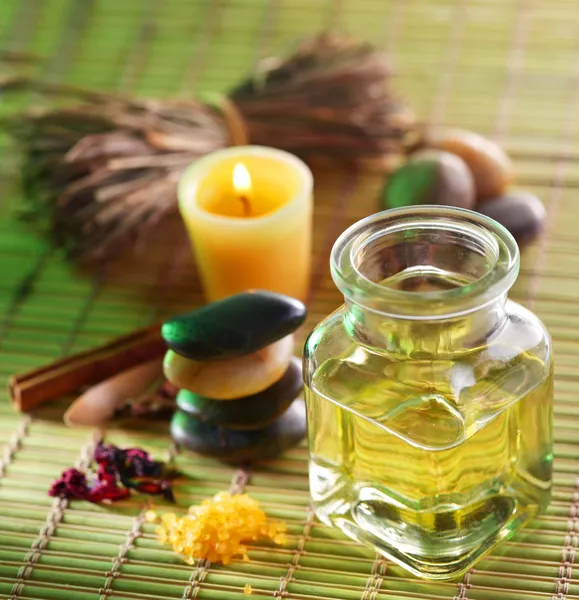 Still life with massage oil in the spa salon — Stock Photo, Image