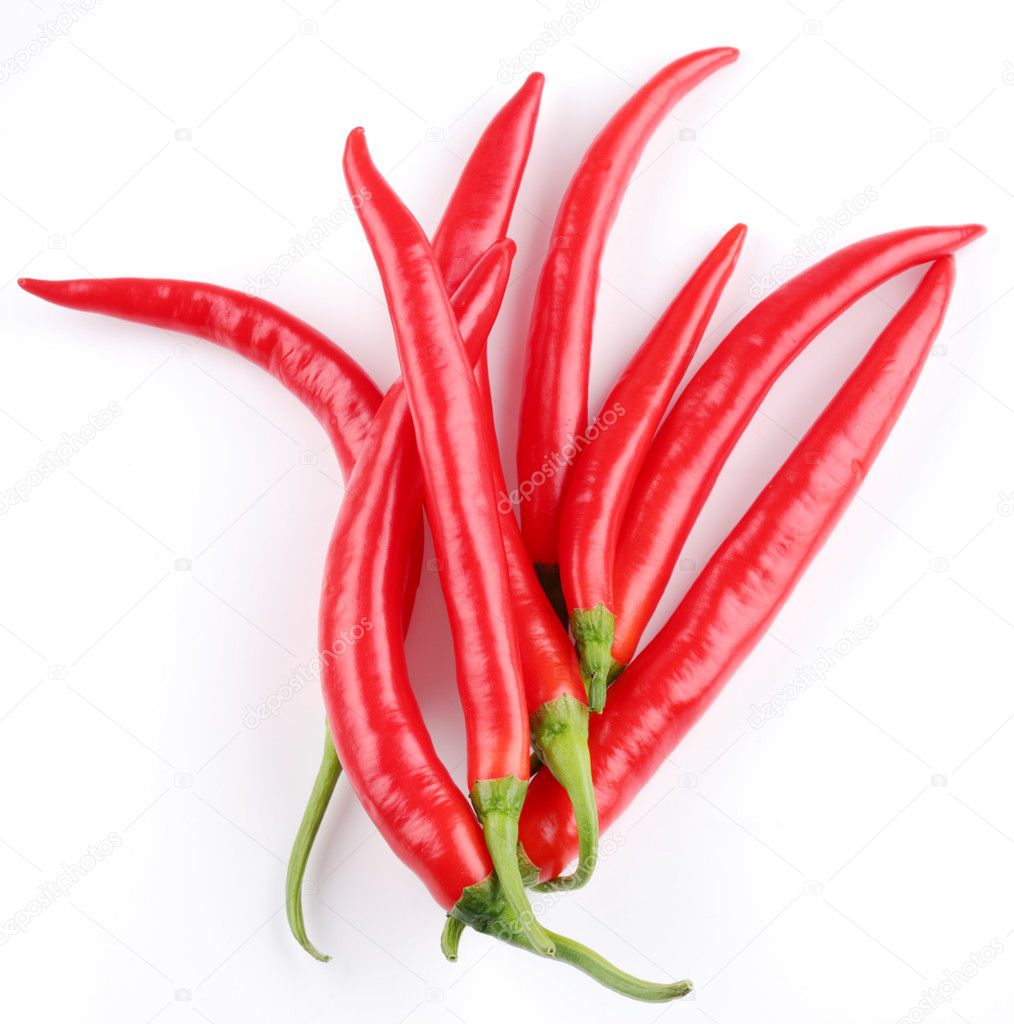Pods spicy red chilli peppers on white background
