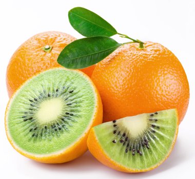 Flesh kiwi cut ripe orange. Product of genetic engineering. Comp