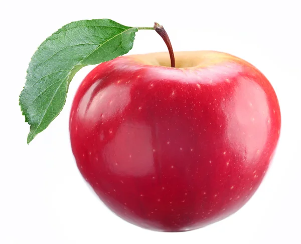 Manzana roja con hoja sobre fondo blanco — Foto de Stock