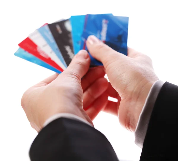 Tarjeta de crédito en manos de mujeres — Foto de Stock