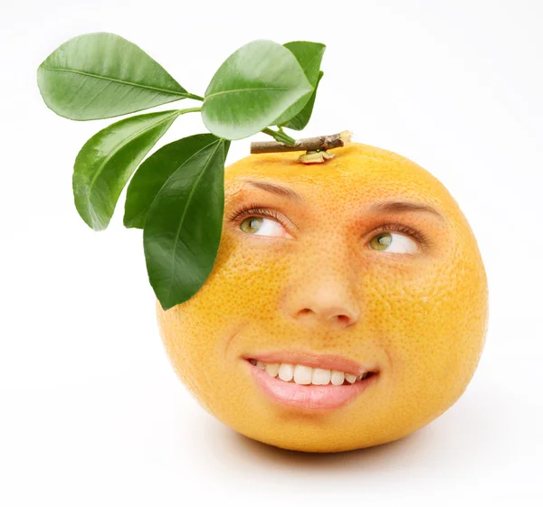 Mogen grapefrukt med en person leende tjej. dator församling. o — Stockfoto
