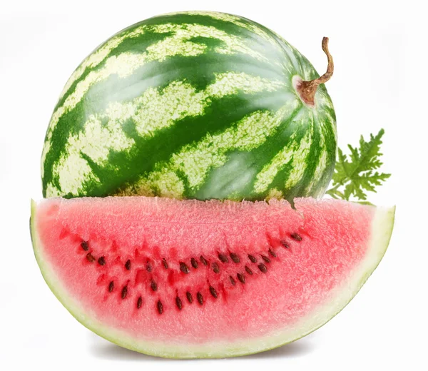 Rijp watermeloen met een schijfje op een witte achtergrond — Stockfoto