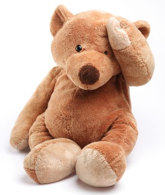 Teddy bear in a worry. Isolated over white. clipart