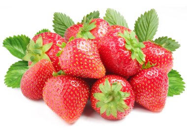 Group of appetizing strawberries with leaves on back. Isolated on a white b clipart