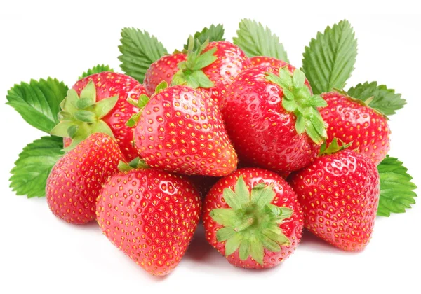 Group of appetizing strawberries with leaves on back. Isolated on a white b — Stock Photo, Image
