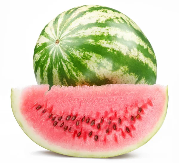 Reife Wassermelone mit Scheibe auf weißem Hintergrund — Stockfoto