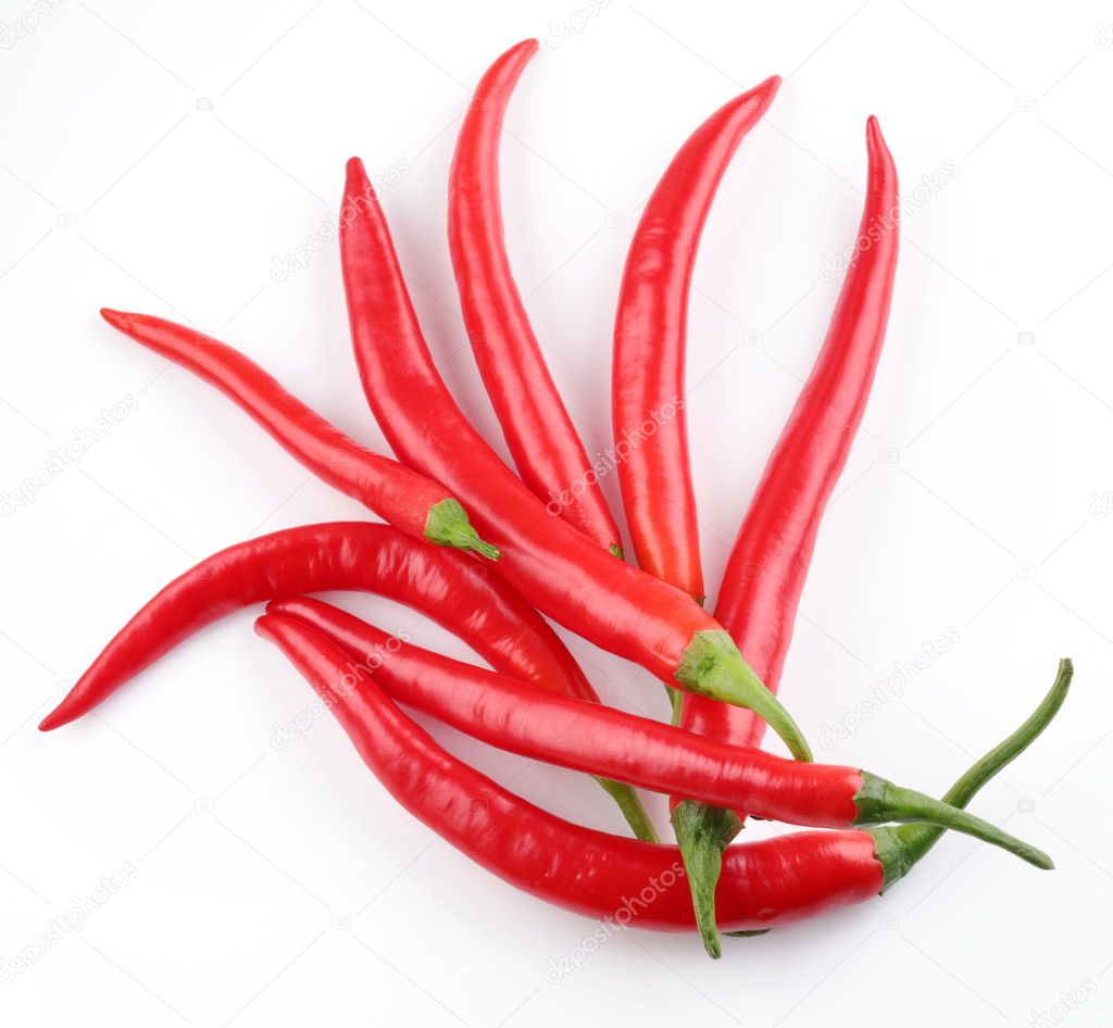 Pods spicy red chilli peppers on white background