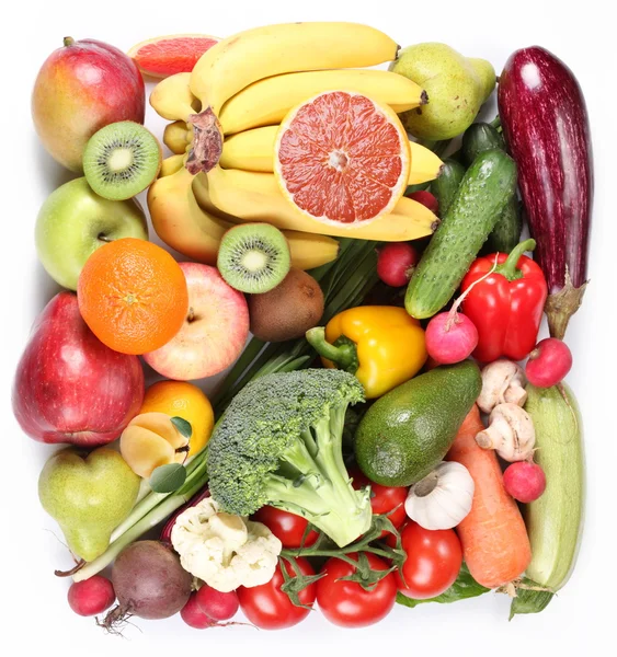 Groenten en fruit in een vierkant op een witte achtergrond — Stockfoto