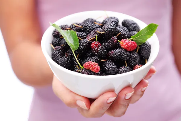 Crockery with mulberries in woman hand. — Stock Photo, Image