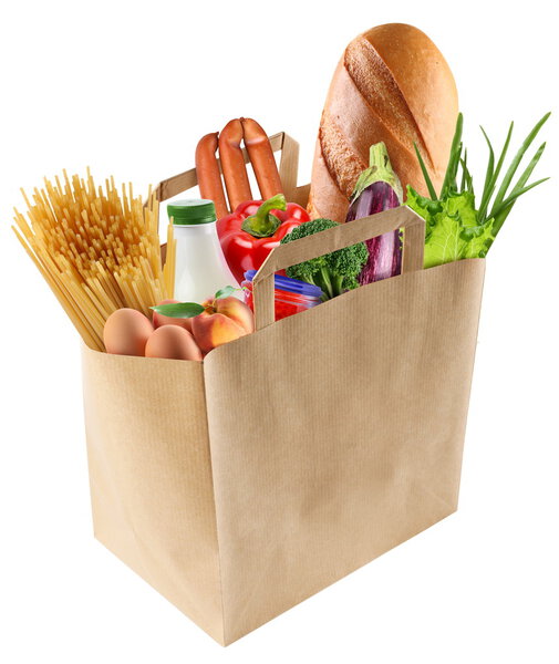 Paper bag with food on a white background