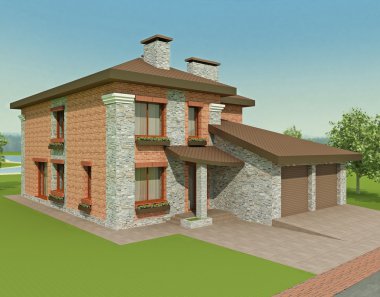 Exclusive two floor country house on the nature. 3d render clipart