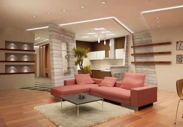 Moderní interiér salonu v jemných tónech s jakýmsi na kuchyň. 3D — Stock fotografie