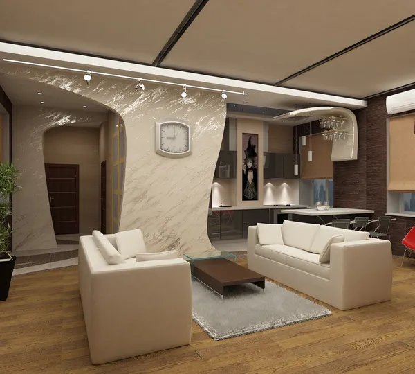 3d rendering.Modern interior of a drawing room in light tones with a kind o — Stock Photo, Image