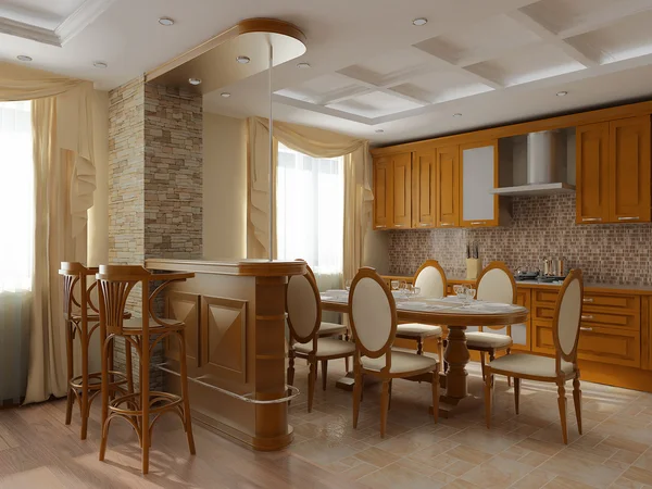 Rendement 3D. Intérieur d'une salle à manger et cuisine de style classique en l — Photo