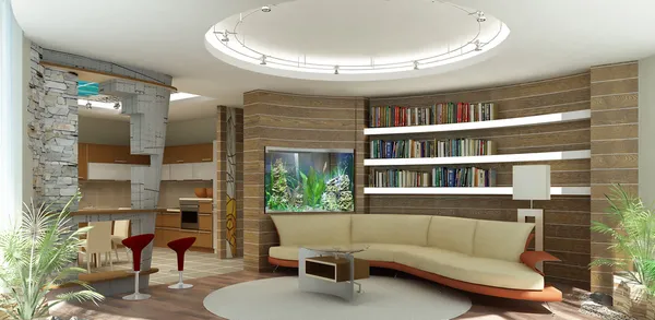 3D rendering. μοντέρνο εσωτερικό του ένα σαλόνι, ένα δωμάτιο ράφια και ένα στο υδάτινο περιβάλλον — Φωτογραφία Αρχείου