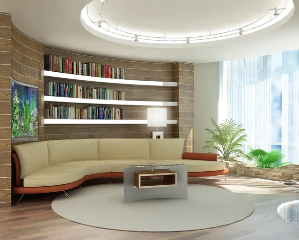 Renderização 3d. Interior moderno de uma sala de estar de uma sala com painel de madeira — Fotografia de Stock