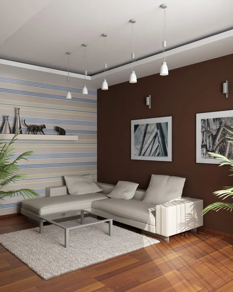 Rendement 3D. Salle de réunion avec un canapé angulaire et des photos sur un mur brun — Photo