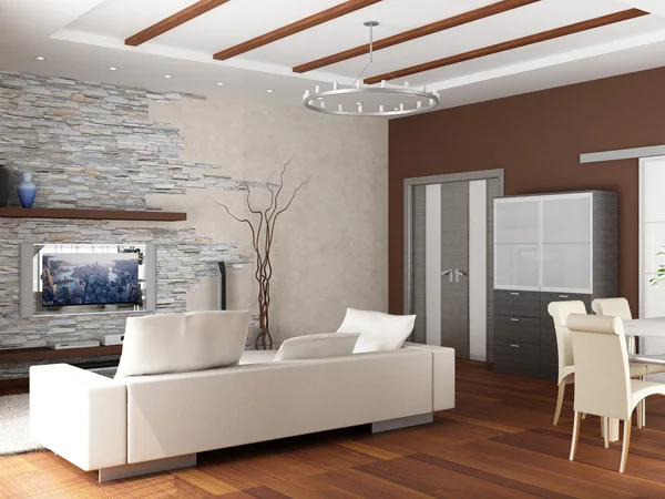 3D рендеринг. Интерьер современной гостиной комнаты с двумя белыми так — стоковое фото
