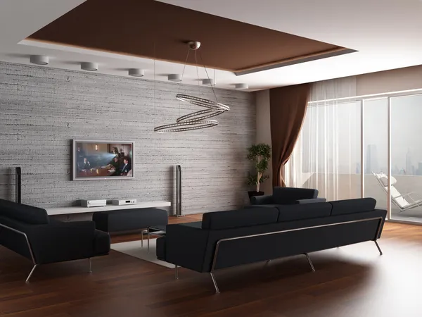 3d rendering. Interior of a modern drawing room of a room with two dark sof — Stock Photo, Image