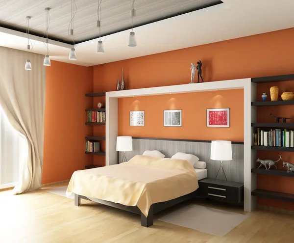 3D-Darstellung. modernes Schlafzimmer mit großem Bett in Pastell- und Orangetönen — Stockfoto