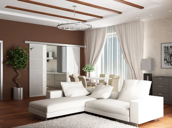 Renderização 3d. Interior de uma moderna sala de estar de uma sala com dois brancos assim — Fotografia de Stock