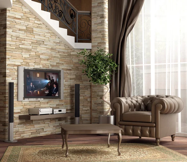 3D rendering. rahat iç eve sinema ile konuk odası — Stok fotoğraf