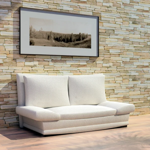 3D-rendering. gezellige licht sofa van een stof in de buurt van een stenen muur met een prentbriefkaar — Stockfoto
