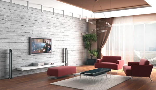 3D-Darstellung. Salon ein Raum mit Steinmauer und ein Haus Kino in der Nähe — Stockfoto