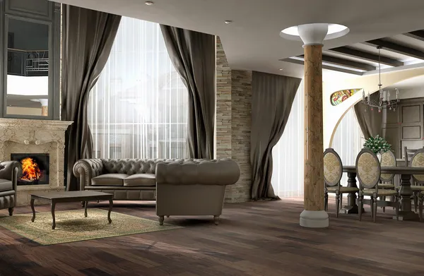 Interior de un salón de una habitación de estilo clásico con un sofá de cuero —  Fotos de Stock