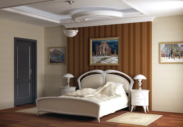 Renderizado 3d. Dormitorio con la cama doble grande con cama blanca. Diseño en cla — Foto de Stock