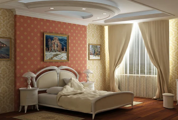 Renderizado 3d. Dormitorio con la cama doble grande con cama blanca. Diseño en cla —  Fotos de Stock