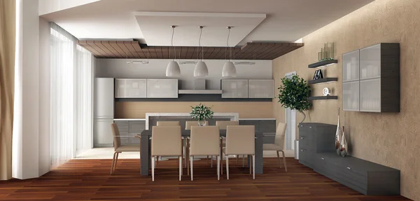 3D-rendering. slag på kök och en rymlig matsal med en större din — Stockfoto