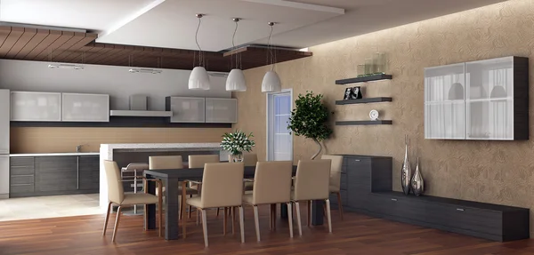 3D-rendering. soort keuken en een ruime eetkamer met een grotere din — Stockfoto