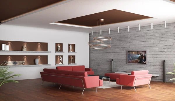 Renderowania 3D. wnętrze przestronne pomieszczenia rysunku pokój z trzema czerwony Zdjęcia Stockowe bez tantiem
