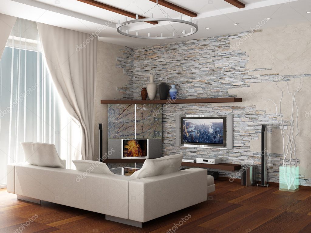 Дизайн гостиной с двумя диванами и телевизором