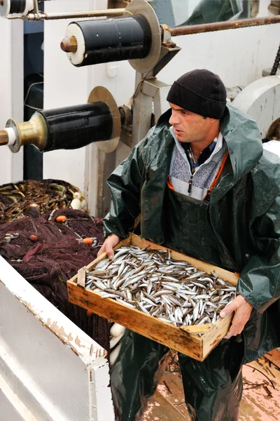 Fiskare redovisade låda med fisk — Stockfoto