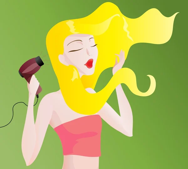 Blonde girl blow drying her hair — Stock Vector