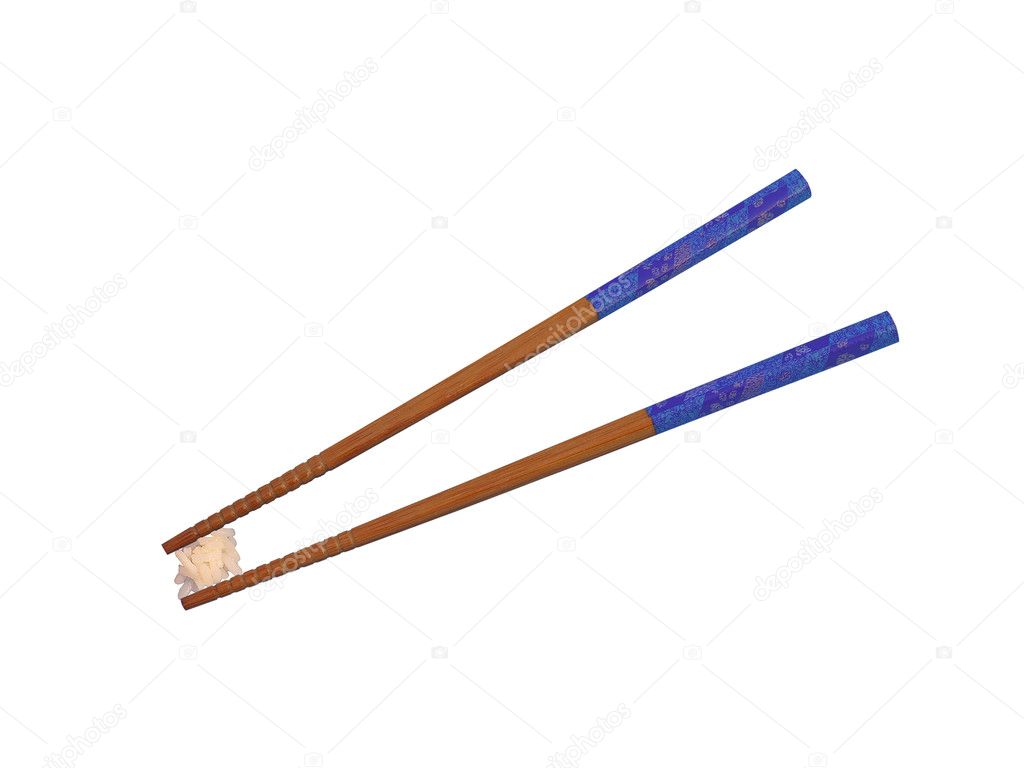 Chopsticks and a pinch of rice on a white background.